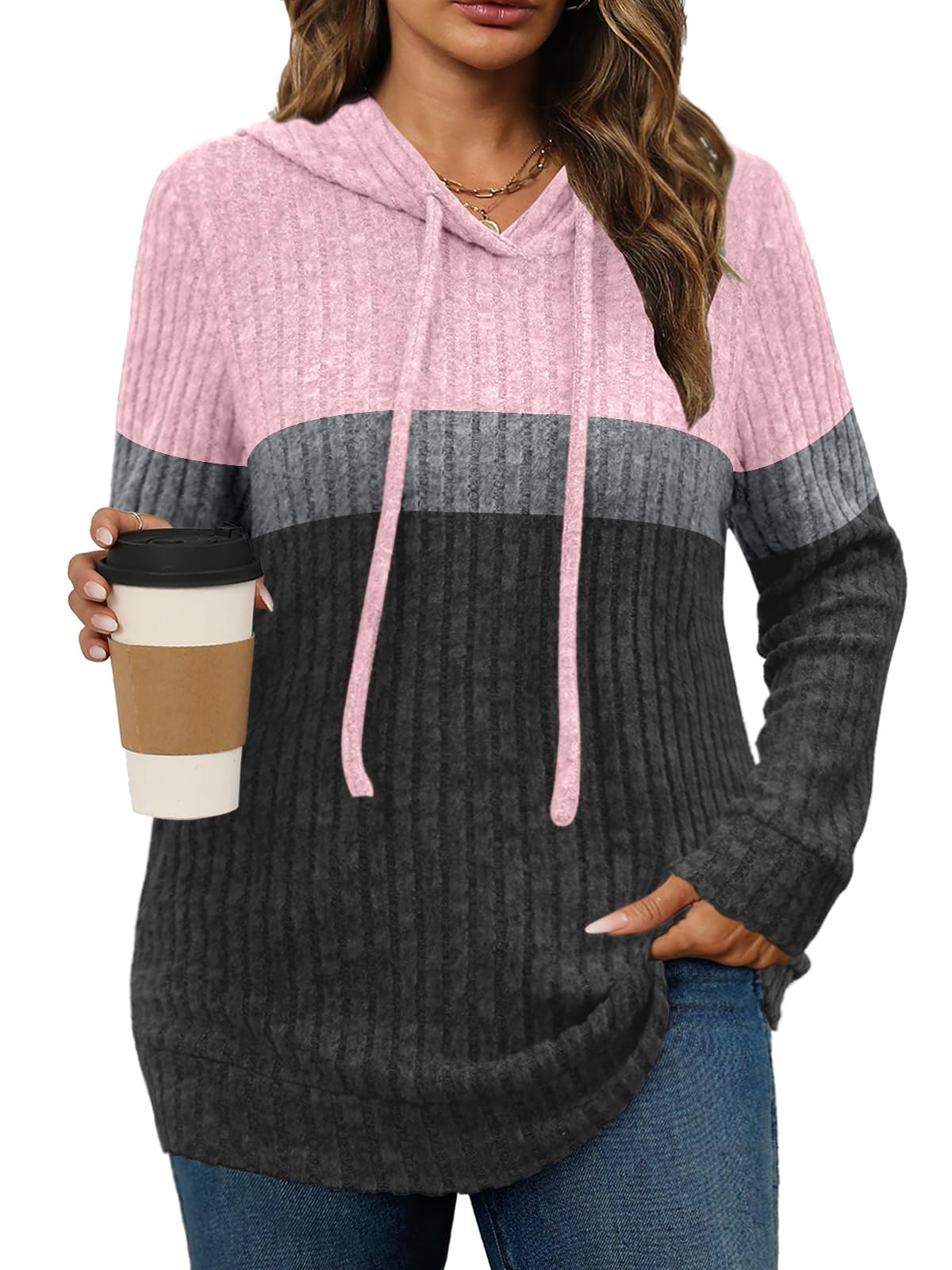 Ribbed Knit Pullover Hoodie