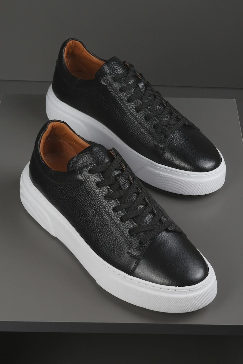 Men’s Black Leather Sneakers – Handmade Casual Shoes – Minimalist White Sole Trainers – Urban Street Style