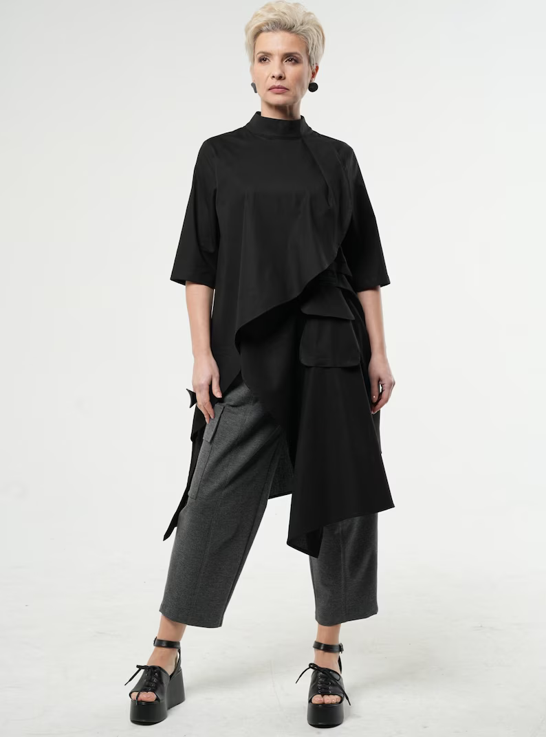 Asymmetric Tunic Shirt / Black Tunic Top With Draping / Long Cotton Blouse